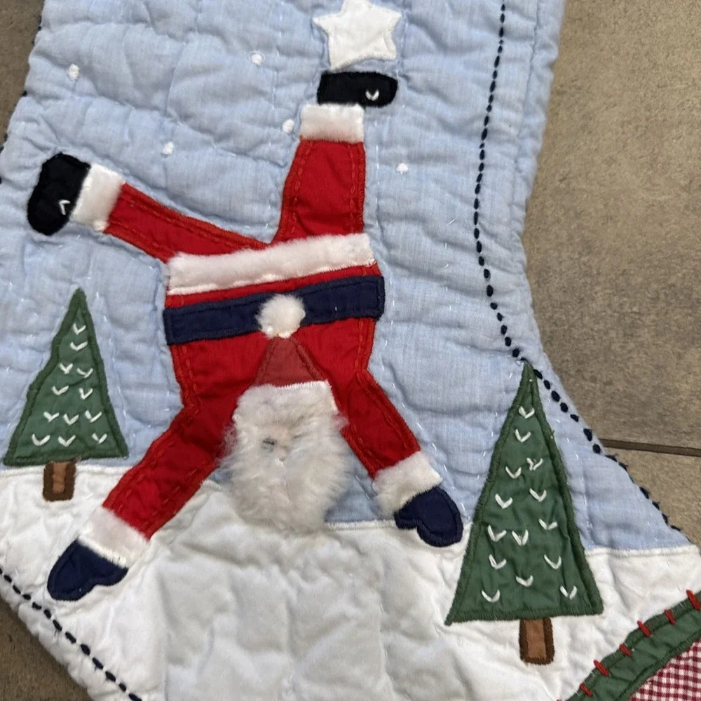 Pottery Barn Kids Quilted Christmas Stocking Santa Blue Gingham 